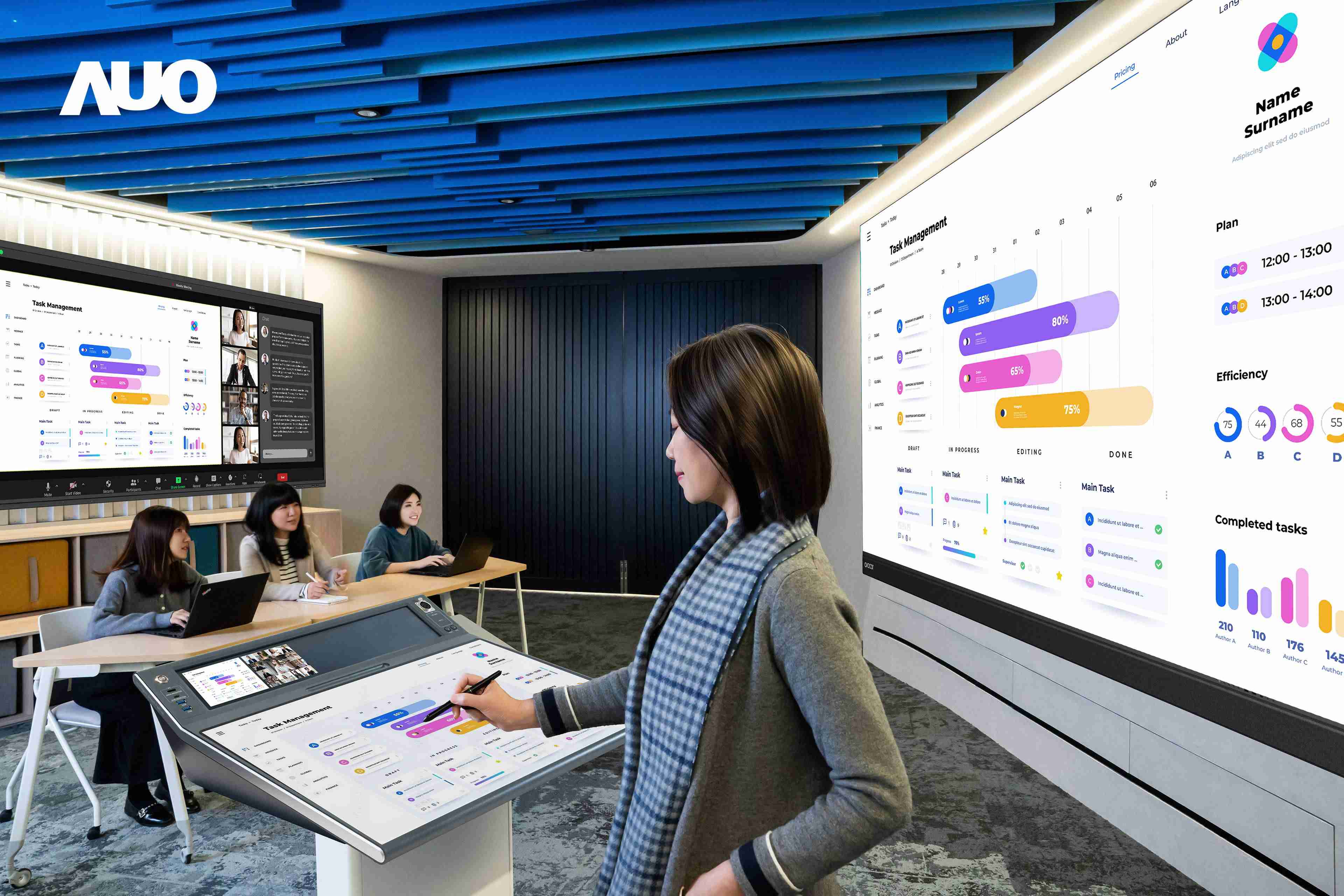 达擎携手Avocor与Rise Vision展示全方位商务领域应用，，包含采用模块化设计的138吋一体式All-in-One LED显示器及具21:9超宽比例的92吋交互式电子白板（IFPD），，，，讲者可轻松分享内容，，，，有效提升会议协作效率。。。